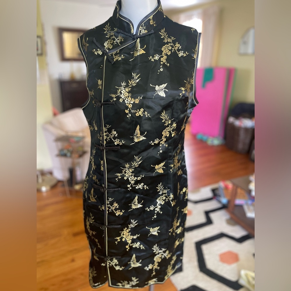 Elegant Black and Gold Manchurian Style Floral Dress